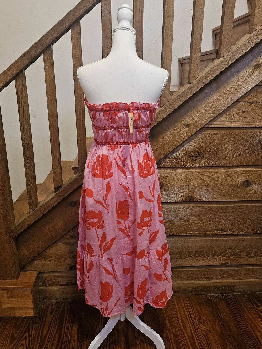 Smocked Strapless Pink Dress with Red Floral Print - Picture 8 of 9